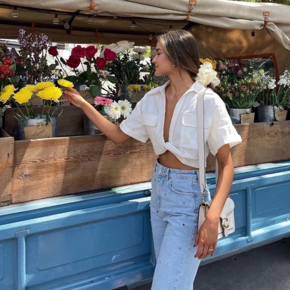 Zara Boxy Twist Hem White Collared Cropped Shirt - Picture 9 of 17